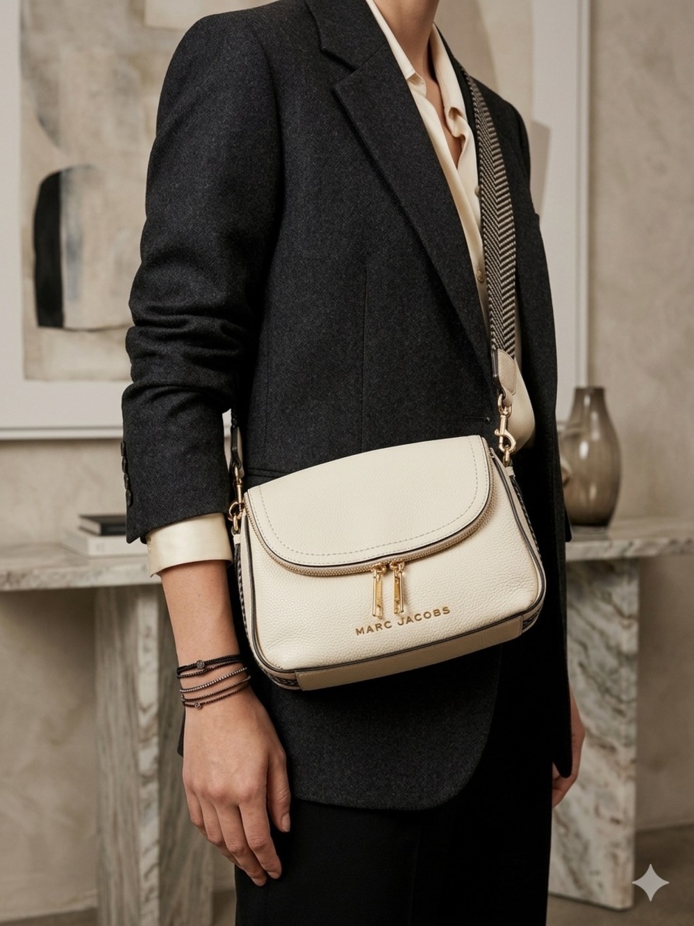 Marc Jacobs Cream Leather Crossbody with Striped Adjustable Strap